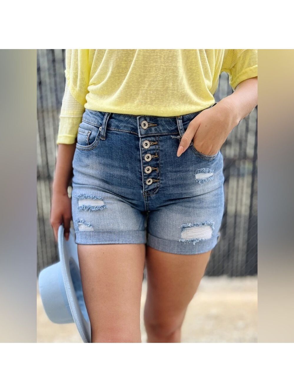 New Special A Double Roll-Up Button Fly Distressed Denim Shorts